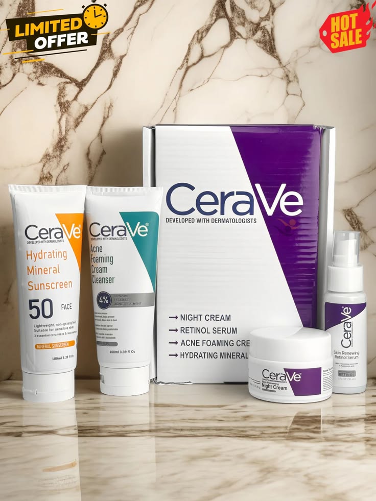 Cerave 4 In 1 Skincare Kit Night Cream, Sunblock, Cleanser & Serum For Radiant Skin
